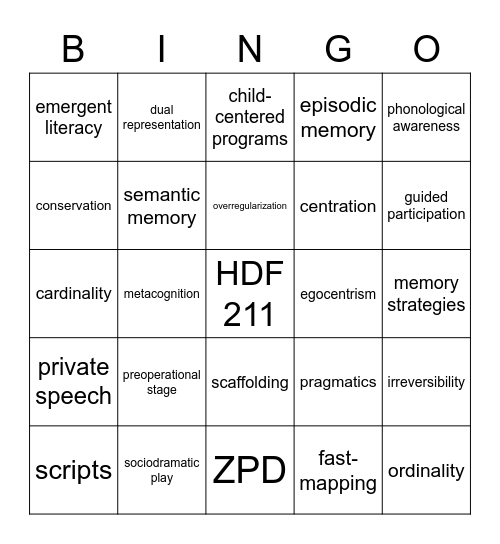 Early Childhood Cognitive  Development Bingo Card