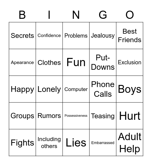 Girls Bingo Card