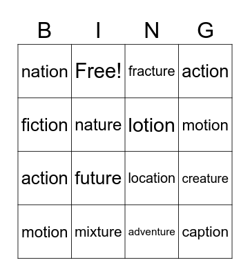 -tion and -ture BINGO Card