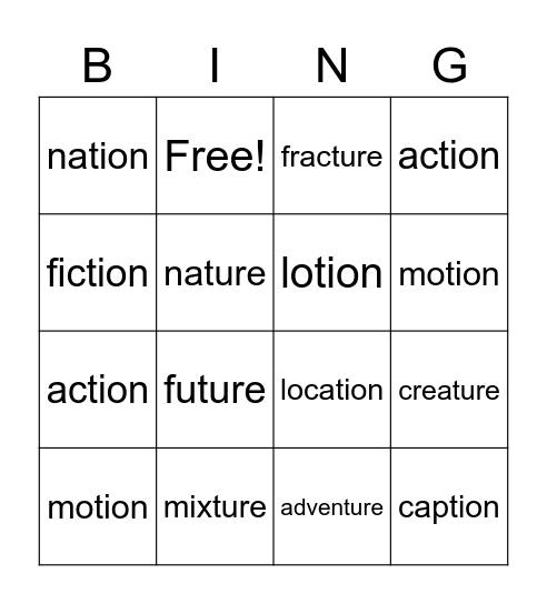 -tion and -ture BINGO Card