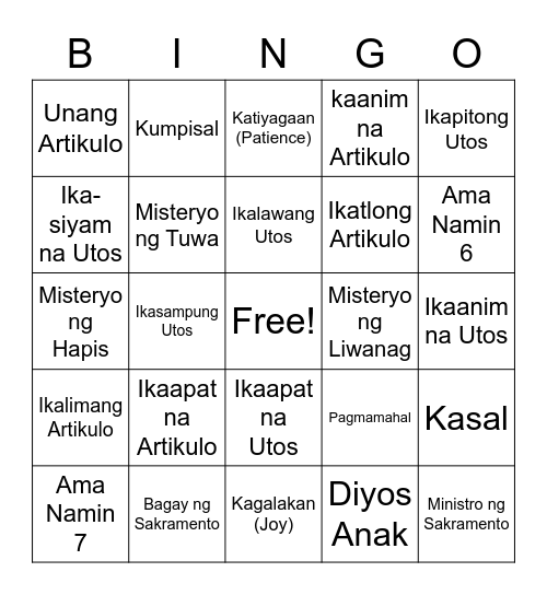 Haligi ng Simbahang Katoliko Bingo Card