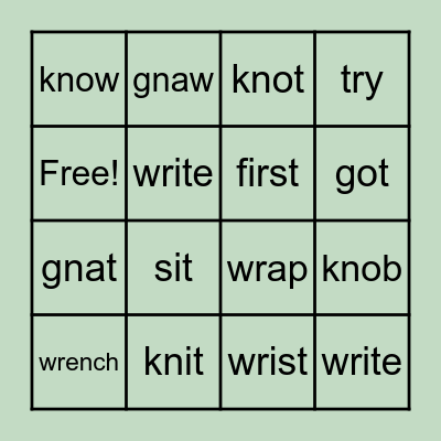 wr, kn, gn Spelling words & Sight Words Bingo Card