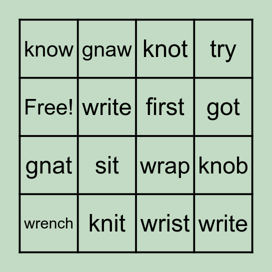 wr, kn, gn Spelling words & Sight Words Bingo Card