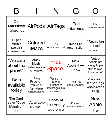 Apple Keynote 4/20/21 Bingo Card