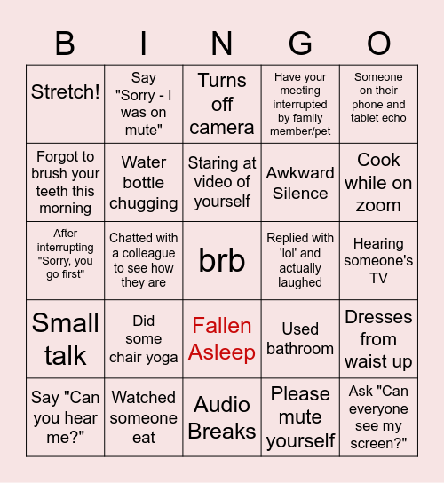 Remote Work Bingo Card
