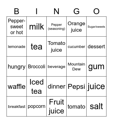 Beverages & Additional Food Vocab Bingo Card