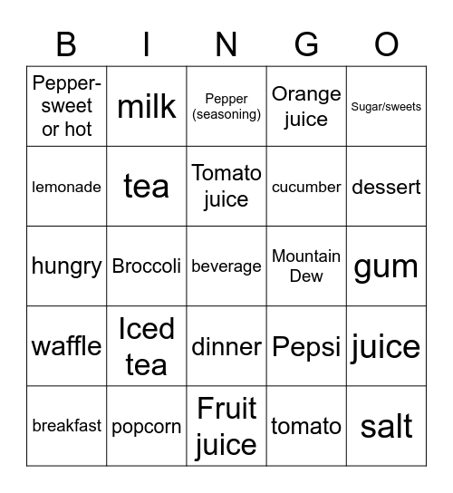 Beverages & Additional Food Vocab Bingo Card