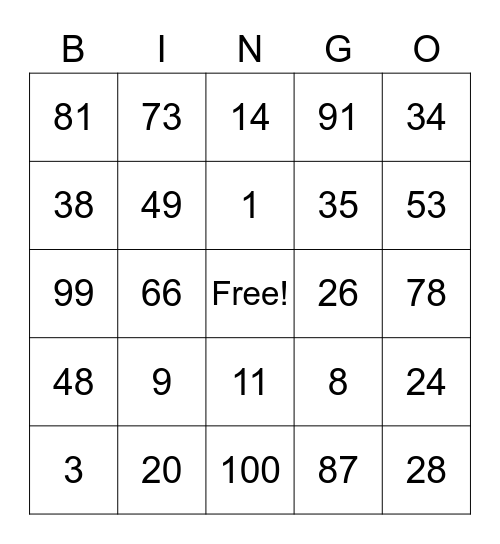 Number Bingo Card