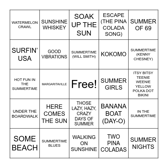 SUMMER SONGS Bingo Card