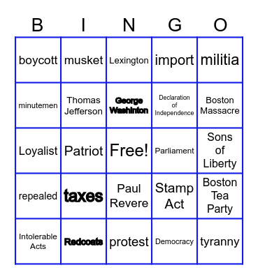 Revolutionary War Bingo Card