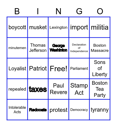 Revolutionary War Bingo Card