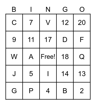 Review letters and numbers Bingo Card