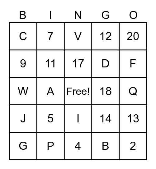 Review letters and numbers Bingo Card