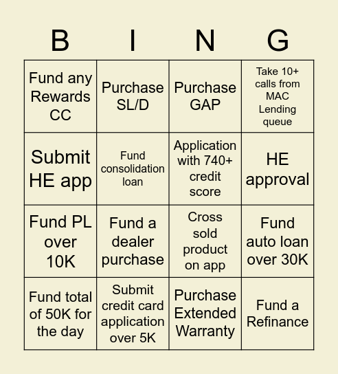 MAC Lending Bingo Card