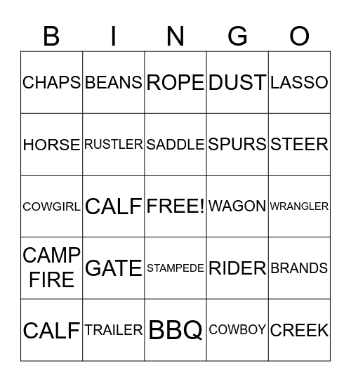 Cowboy Bingo Card