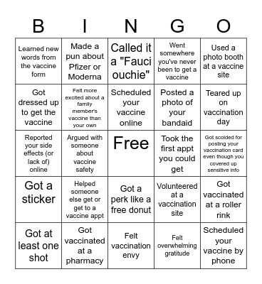 Covid-19 Vaccine Bingo Card