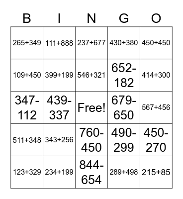 3 Digit Addition and Subtraction Bingo Card