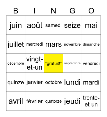 Le Calendrier + 0-31 Bingo Card