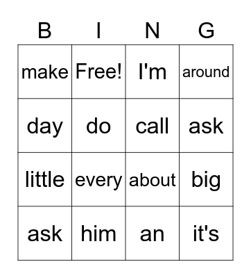 Sight Words Bingo Card