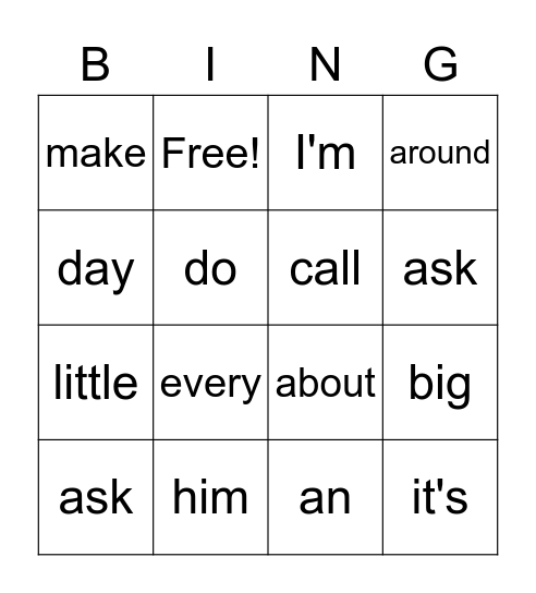 Sight Words Bingo Card