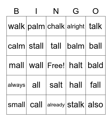 Spelling Word Bingo Card