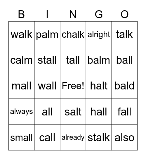 Spelling Word Bingo Card