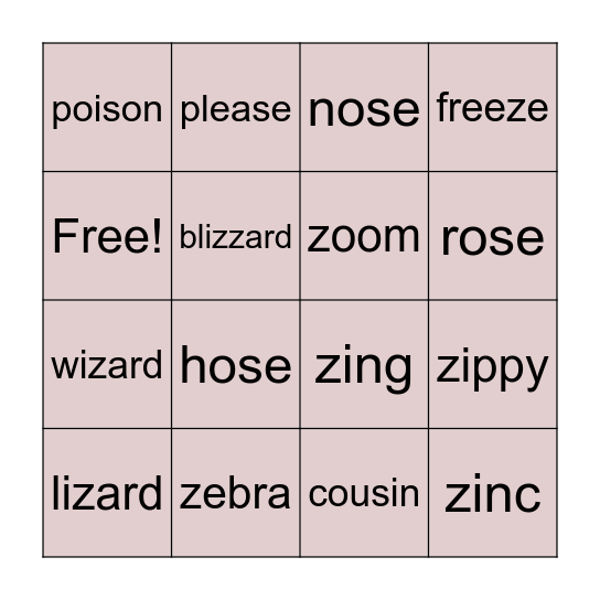 Z Phoneme Bingo Card