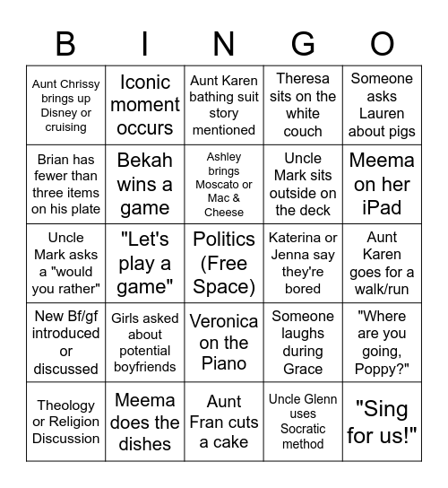 Family Bingo Card