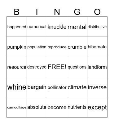 4th Grade Spelling Words Bingo Card