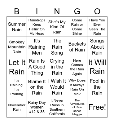 Songs With Rain In The Title Bingo Card