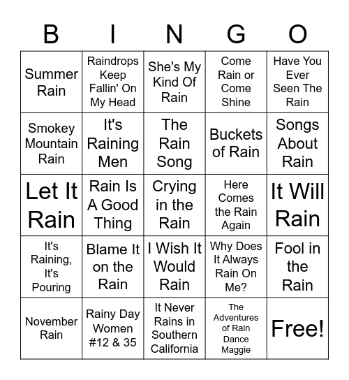 Songs With Rain In The Title Bingo Card