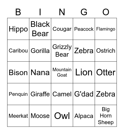 Charlotte & Oliver Zoo Bingo Card