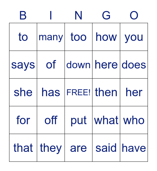Common Word Bingo Card