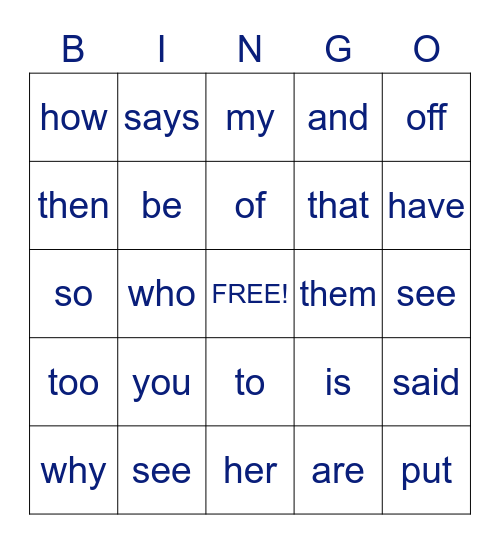 Common Word Bingo Card