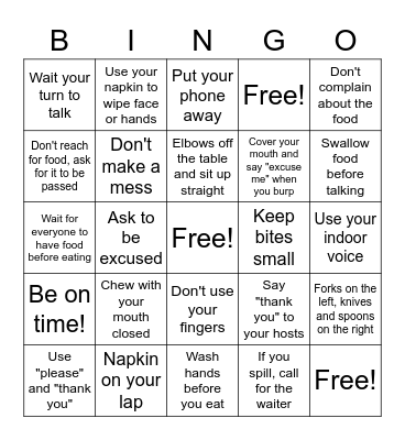 Table Manners Bingo Card