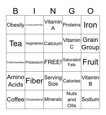 Nutrition Bingo Card