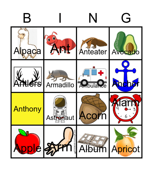 Letter A Bingo Card