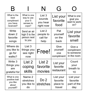 Coping Skills Bingo Card