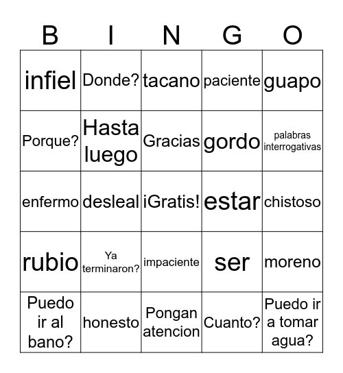 Vocabulario Bingo Card