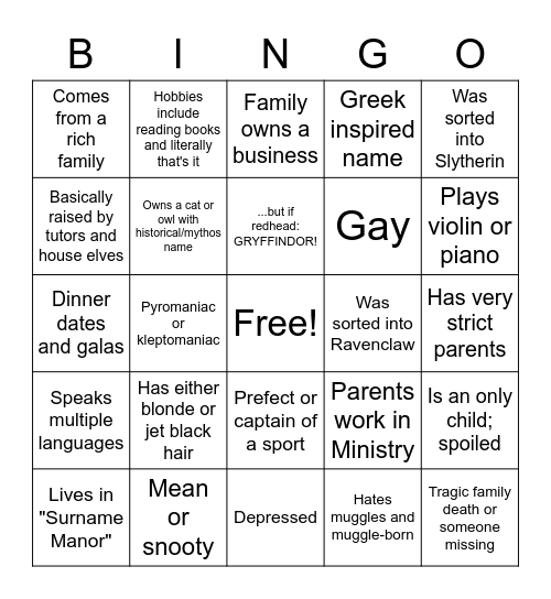 Purebloods be like Bingo Card