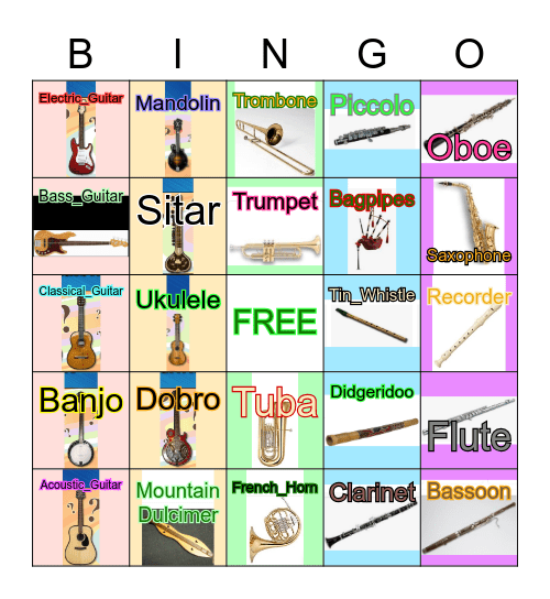 Brass, Guitars, Fretted Instruments, and Woodwinds Bingo Card
