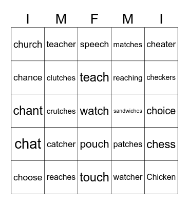 ch sounds Bingo Card