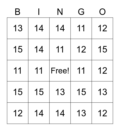 Numbers 11 - 15 Bingo Card