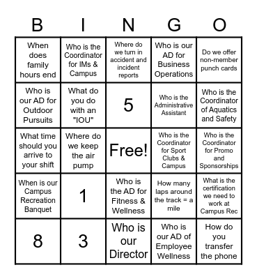 Facilities Bingo Card