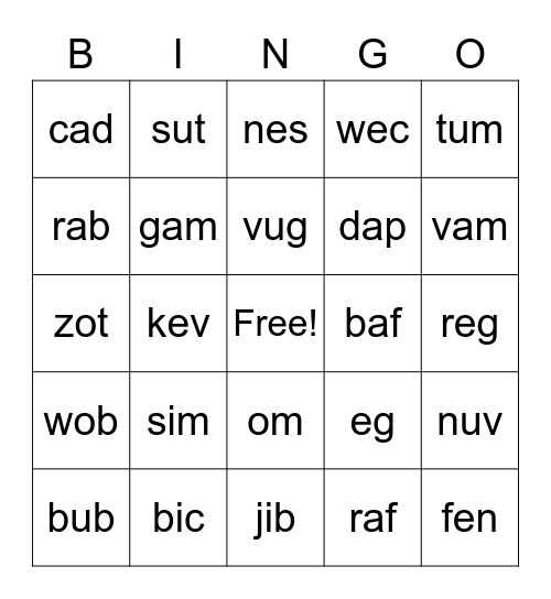 Nonsense Word Bingo Card