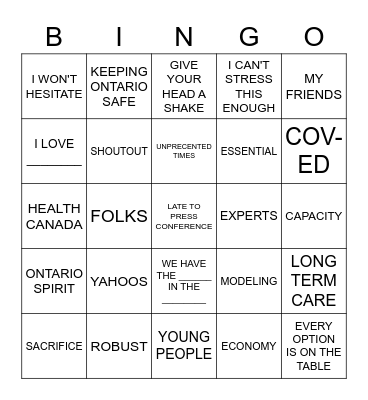 Doug Ford Announcement Bingo Card