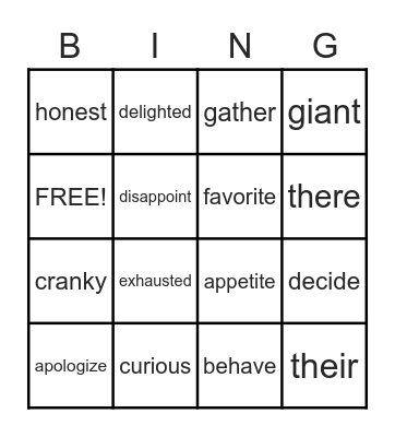 Vocabulary Bingo Card