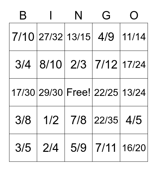 Adding Fractions with Unlike Denominators Bingo Card