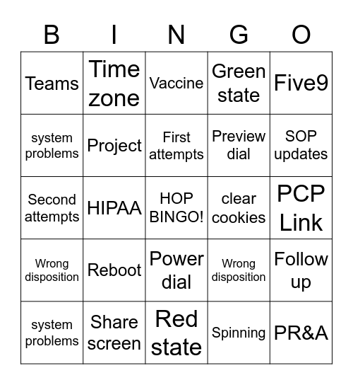 HOP bingo Card