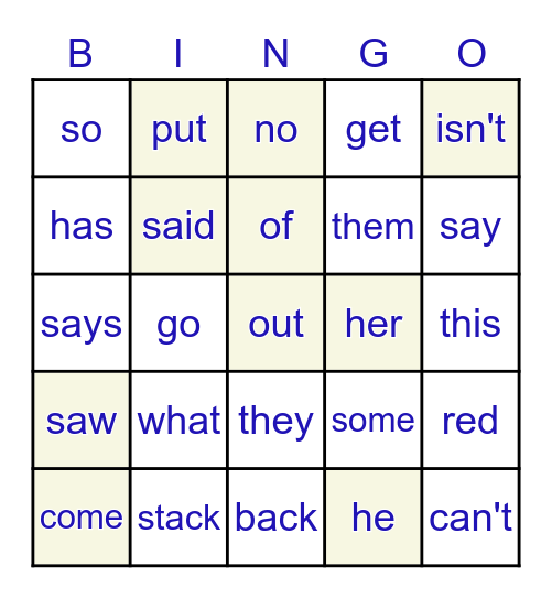 Sight Words Game 1 Bingo Card